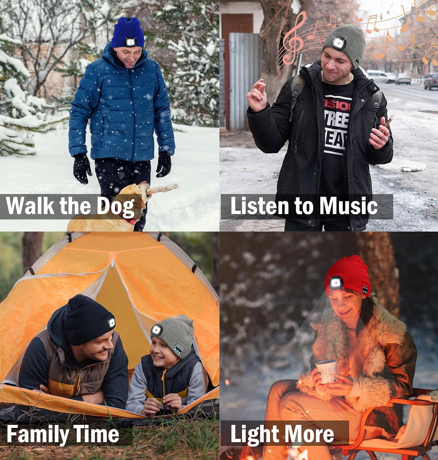 Bluetooth Beanie with the Light, Unique Tech Gifts for Men Husband Him Teen, Wireless Headphones for Fishing Jogging Working, Christmas Stocking Black