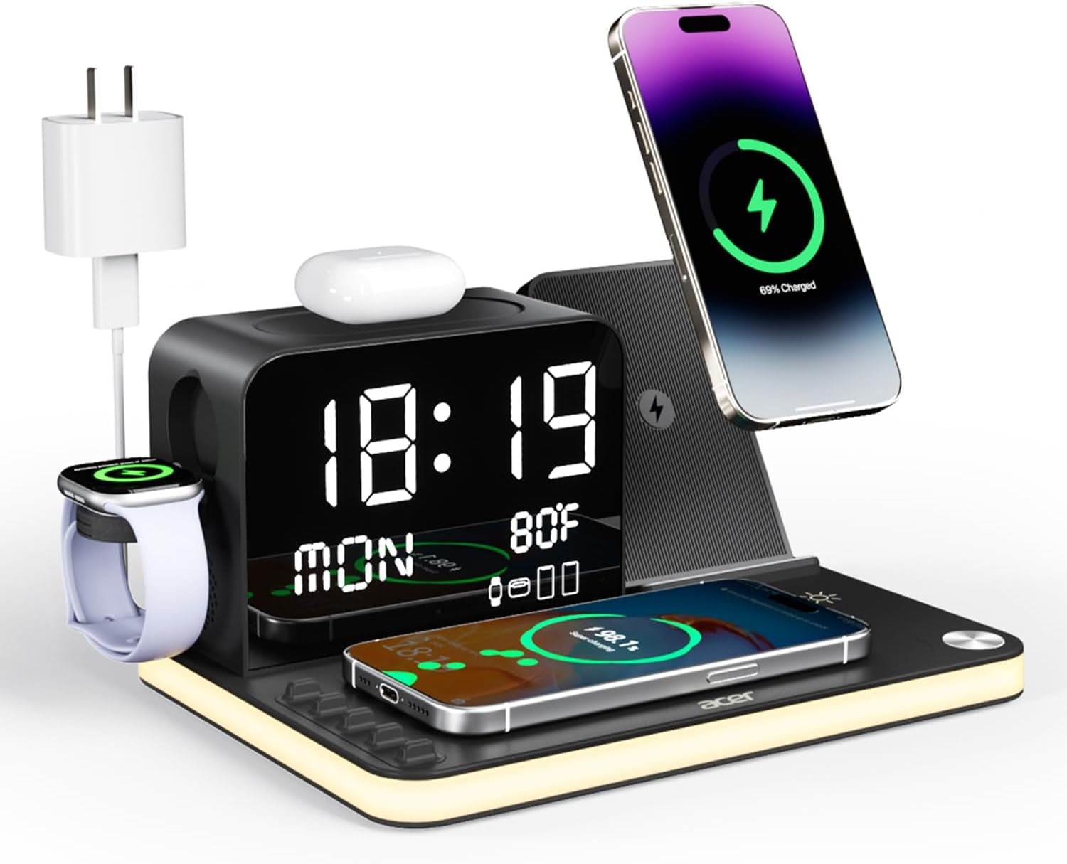 7-In-1 Wireless Charging Station: Charger Stand for Multiple Devices for Apple - Iphone 16 15 14 13 12 Pro Max Apple Watch Airpods, Wireless Charger Iphone Charging Station with Bluetooth Timesyn