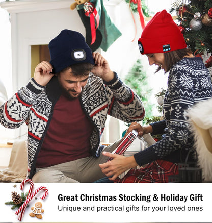 Bluetooth Beanie with the Light, Unique Tech Gifts for Men Husband Him Teen, Wireless Headphones for Fishing Jogging Working, Christmas Stocking Black