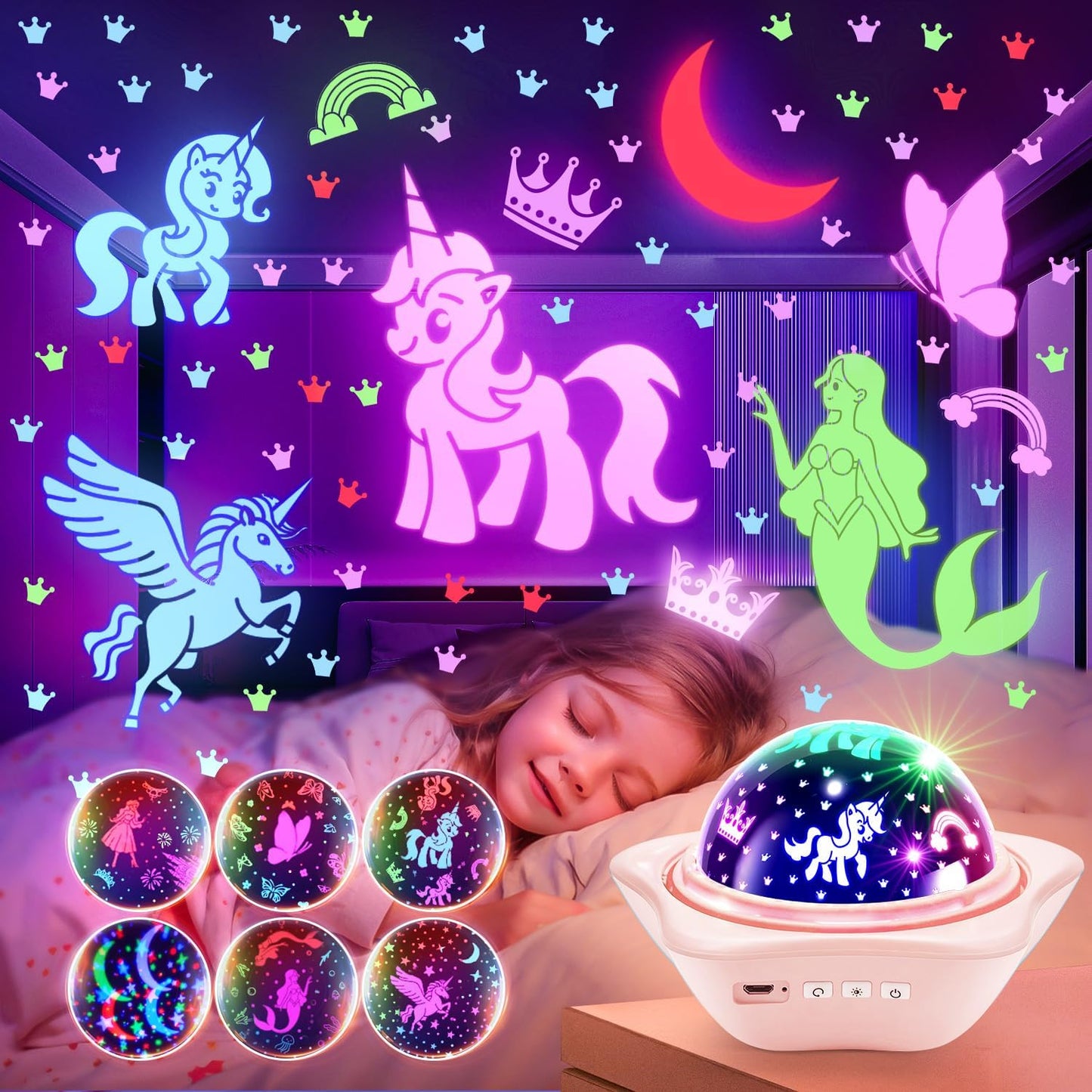 Onefire Christmas Gifts for Girls, 6 Films Light Projector Unicorn Toys for Girls Age 4-6, Rechargeable Night Lights for Bedroom, 360° Rotating Butterfly Decor Mermaid Gifts Princess Baby Toddlertoys