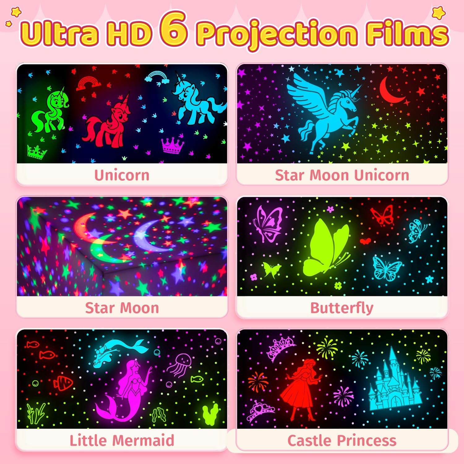 Onefire Christmas Gifts for Girls, 6 Films Light Projector Unicorn Toys for Girls Age 4-6, Rechargeable Night Lights for Bedroom, 360° Rotating Butterfly Decor Mermaid Gifts Princess Baby Toddlertoys