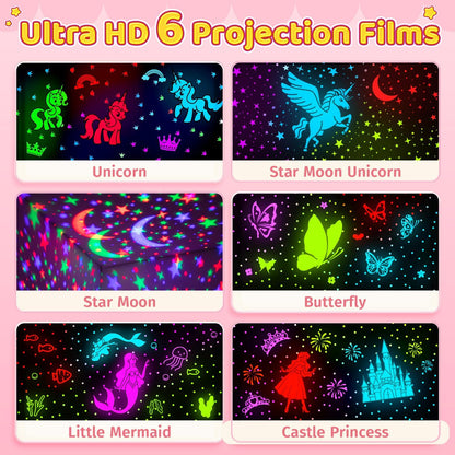 Onefire Christmas Gifts for Girls, 6 Films Light Projector Unicorn Toys for Girls Age 4-6, Rechargeable Night Lights for Bedroom, 360° Rotating Butterfly Decor Mermaid Gifts Princess Baby Toddlertoys