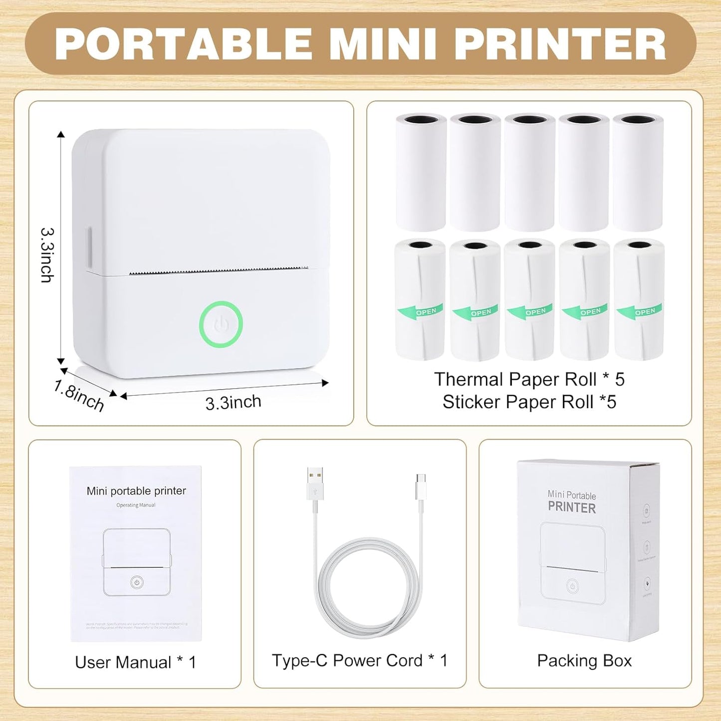 Print Pods Mini Printer, Thermal Inkless Sticker Maker with 10 Rolls Printing Paper, Pocket Printpod for Phone, Impresora Portátil for Notes, DIY, Compatible with Ios & Android (White)