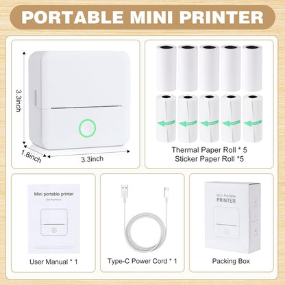 Print Pods Mini Printer, Thermal Inkless Sticker Maker with 10 Rolls Printing Paper, Pocket Printpod for Phone, Impresora Portátil for Notes, DIY, Compatible with Ios & Android (White)