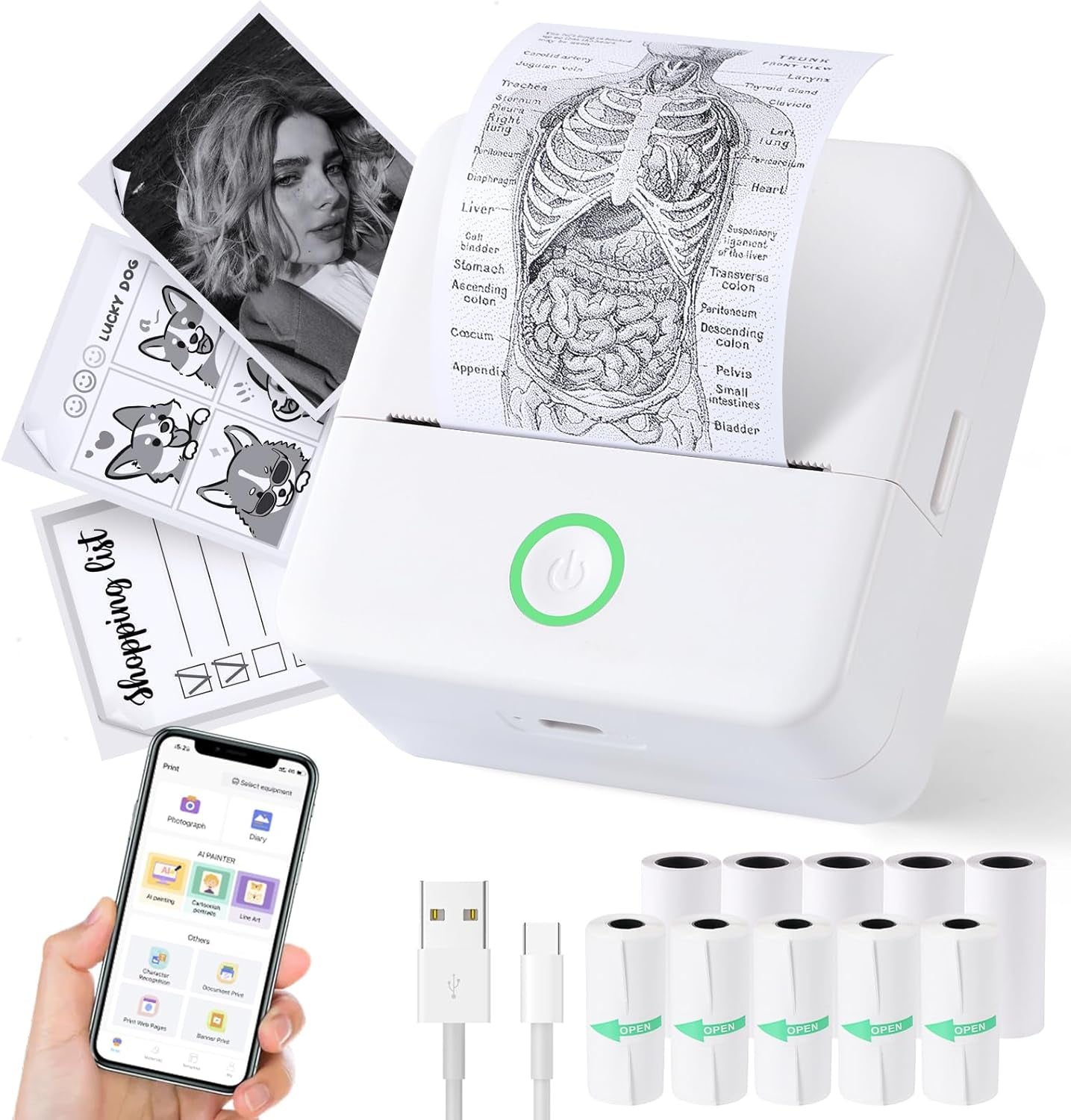 Print Pods Mini Printer, Thermal Inkless Sticker Maker with 10 Rolls Printing Paper, Pocket Printpod for Phone, Impresora Portátil for Notes, DIY, Compatible with Ios & Android (White)