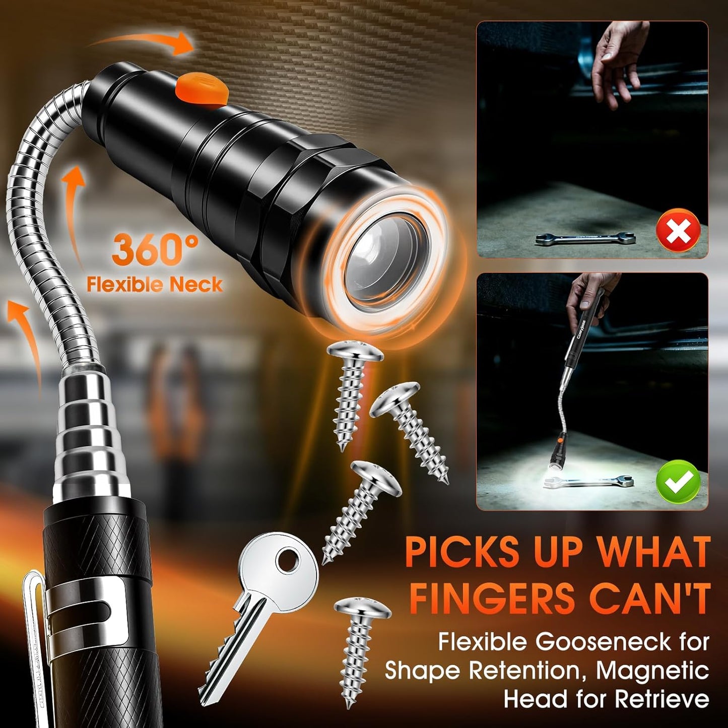 Magnetic Pickup Tool,  Magnetic Flashlight Telescoping Magnet with LED Flashlight and Extendable Neck, Cool Gadget Birthday Gifts for Men, Dad, Husband, Mechanic, Tech, Handyman