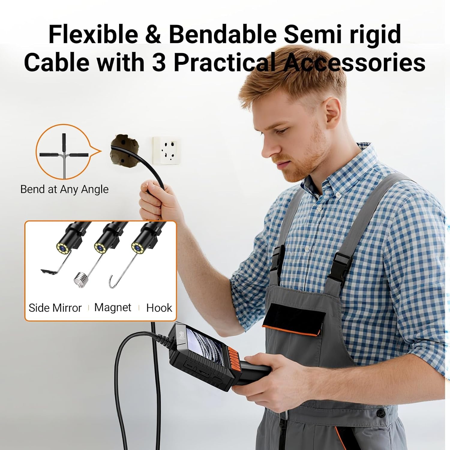 1920P HD Endoscope Camera with Light, 4.3'' Color LCD Screen Borescope, IP67 Waterproof Inspection Camera with 8 Adjustable LED Lights,16.5Ft Semi-Rigid Cable (Black)