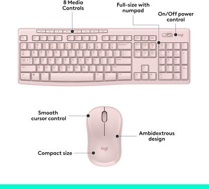 MK270 Wireless Keyboard and Mouse Combo for Windows, 2.4 Ghz, 8 Multimedia Keys, PC, Laptop, Wireless Keyboard Compact Mouse Combo - Rose