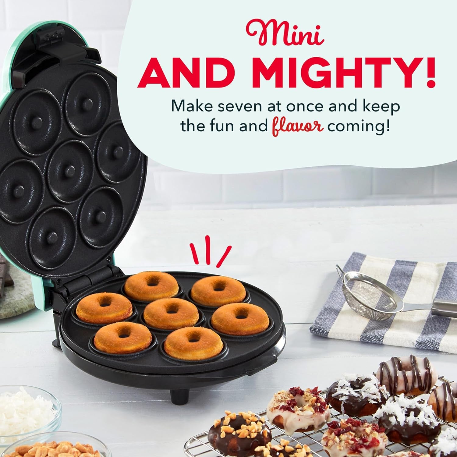 Mini Donut Maker Machine for Kid-Friendly Breakfast, Snacks, Desserts & More with Non-Stick Surface, Makes 7 Doughnuts - Aqua