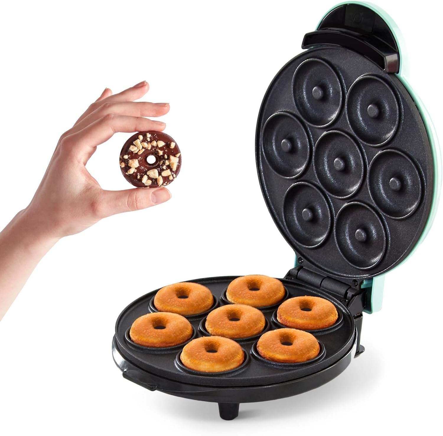 Mini Donut Maker Machine for Kid-Friendly Breakfast, Snacks, Desserts & More with Non-Stick Surface, Makes 7 Doughnuts - Aqua