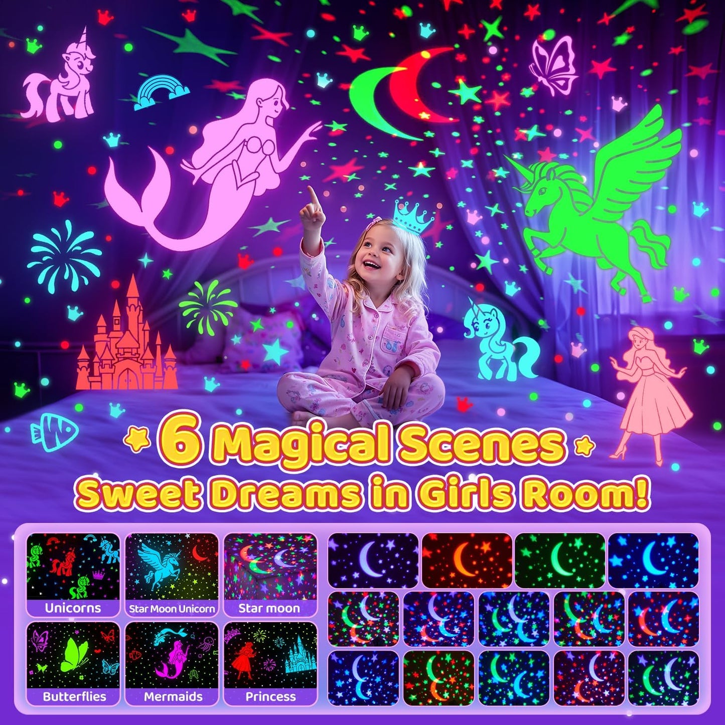 Onefire Christmas Gifts for Girls, 6 Films Light Projector Unicorn Toys for Girls Age 4-6, Rechargeable Night Lights for Bedroom, 360° Rotating Butterfly Decor Mermaid Gifts Princess Baby Toddlertoys