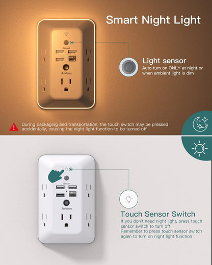 Surge Protector, Outlet Extender with Night Light,  5-Outlet Splitter and 4 USB Ports(1 USB C), Multi Plug Wall Outlet for Home Office Dorm Room Essentials