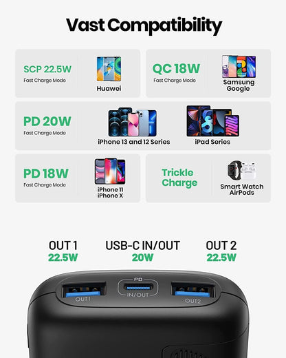 Portable Charger, Smallest 22.5W 10000Mah Power Bank, USB C In/Output Fast Charging 3-Output Mini Battery Pack Charger with Phone Holder for Iphone 17 16 15 14 Air Samsung S23 Google Ipad Tablet