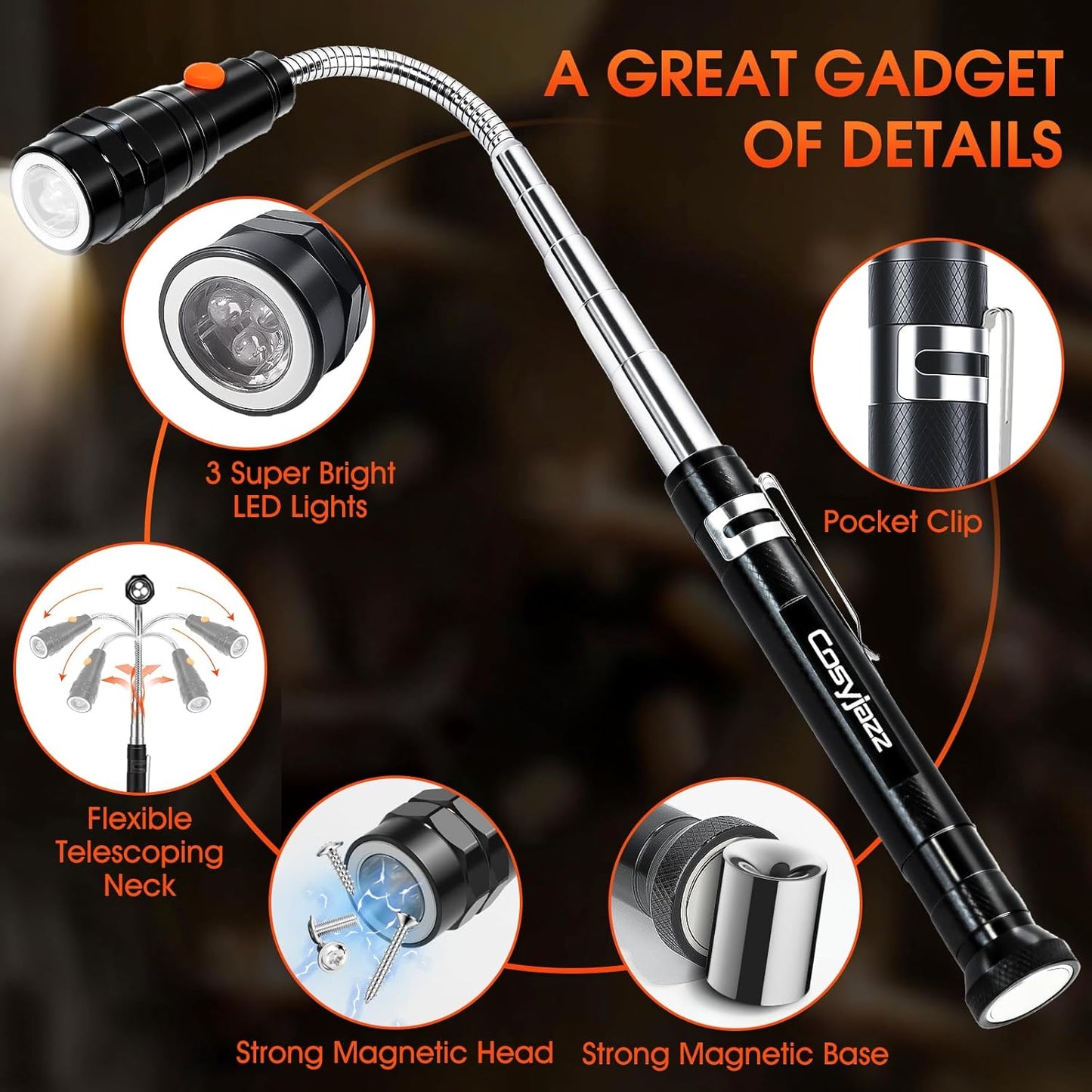 Magnetic Pickup Tool,  Magnetic Flashlight Telescoping Magnet with LED Flashlight and Extendable Neck, Cool Gadget Birthday Gifts for Men, Dad, Husband, Mechanic, Tech, Handyman