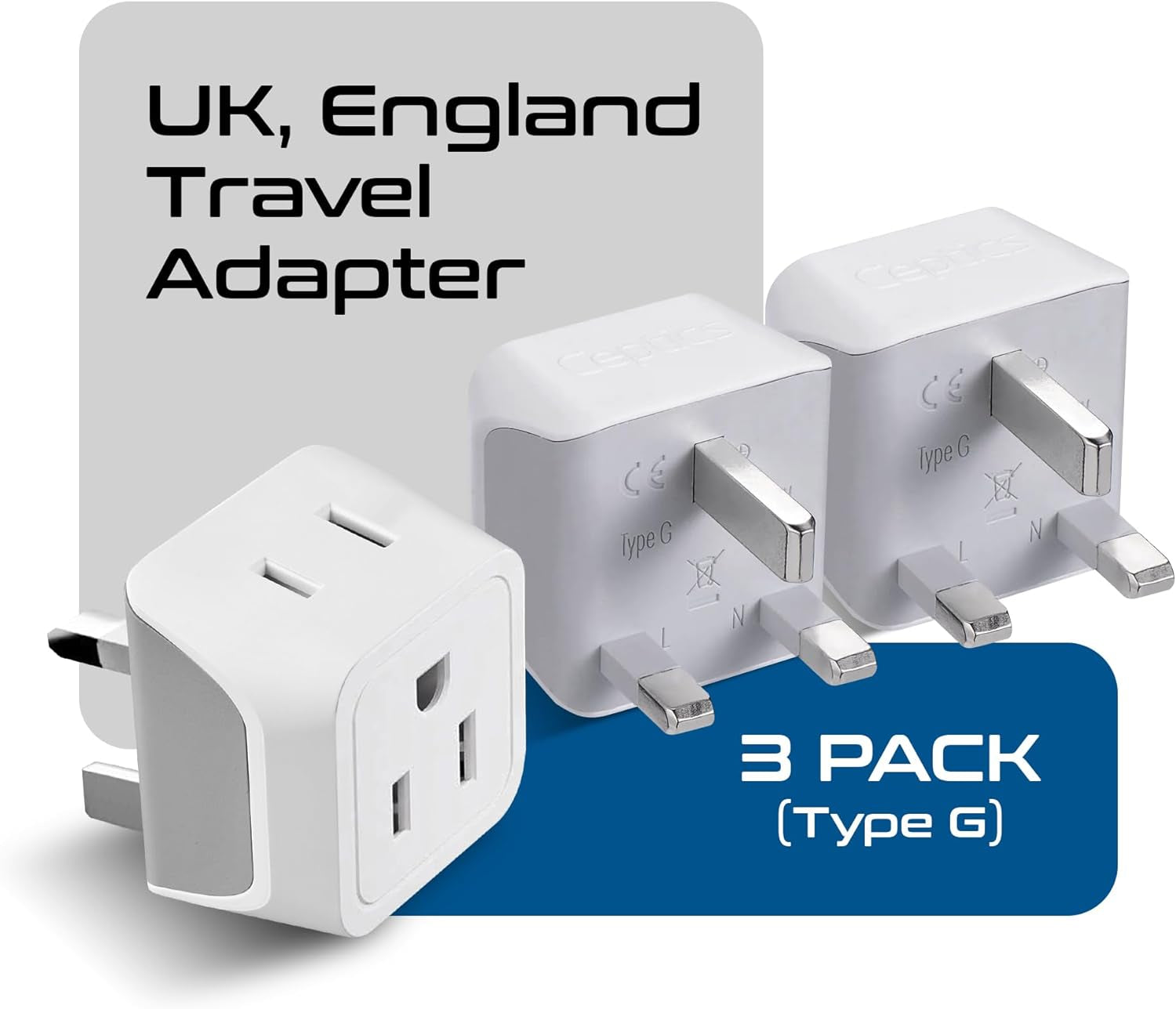UK Travel Plug Adapter, 2 in 1 Type G Adapter, US to UK Adapter, Ireland, Dubai Travel Adapter with Dual USA Inputs, CE, Rohs - HK Outlet Adapter, 3 Pack