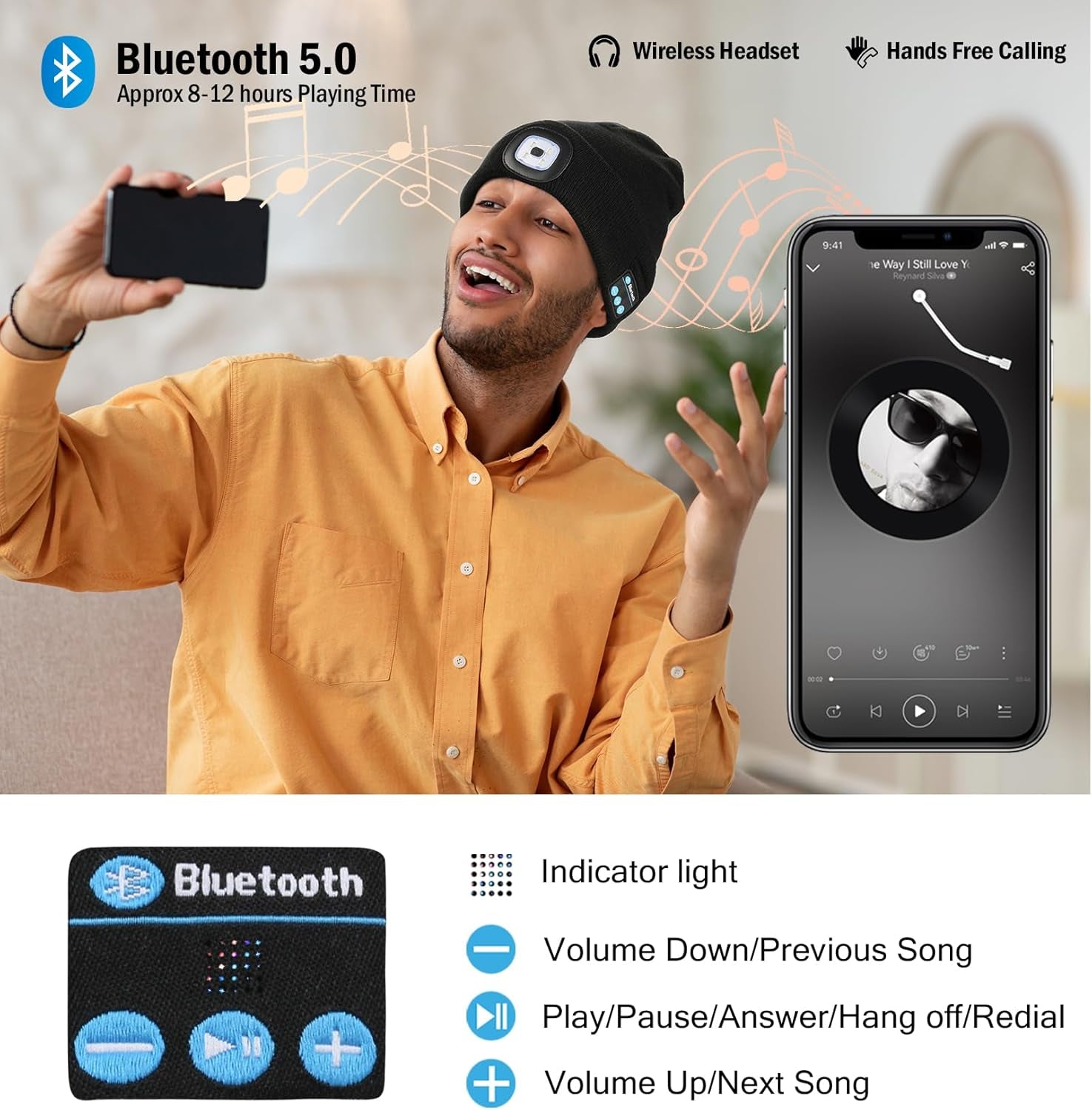 Bluetooth Beanie with the Light, Unique Tech Gifts for Men Husband Him Teen, Wireless Headphones for Fishing Jogging Working, Christmas Stocking Black