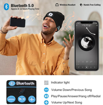 Bluetooth Beanie with the Light, Unique Tech Gifts for Men Husband Him Teen, Wireless Headphones for Fishing Jogging Working, Christmas Stocking Black