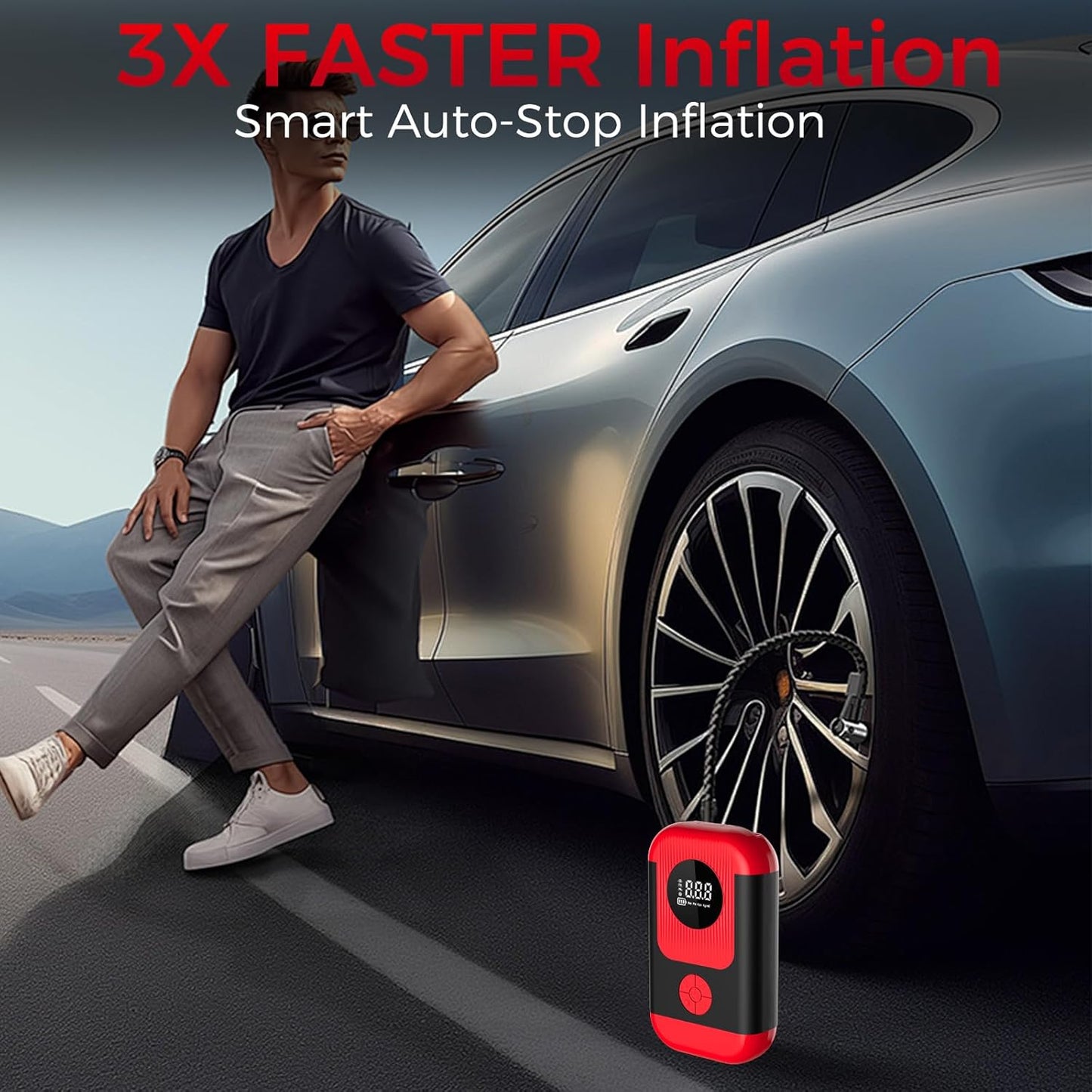 Tire Inflator Portable Air Compressor & Car Jump-Starter, Cordless Air Pump with LED Light & Pressure Gauge for Auto,Motorcycles,Bikes,Balls, Emergency Battery Booster & Phone Charger,150Psi