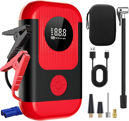 Tire Inflator Portable Air Compressor & Car Jump-Starter, Cordless Air Pump with LED Light & Pressure Gauge for Auto,Motorcycles,Bikes,Balls, Emergency Battery Booster & Phone Charger,150Psi