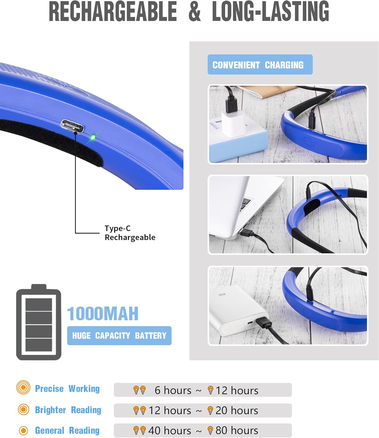 Book Light, 3-Color & 6-Brightness Reading Light, Bendable Neck Light, 80-Hr Lasting Rechargeable Lamp, Perfect Book Light for Reading in Bed, Knitting, Camping, Repairing, Book Lovers Gifts