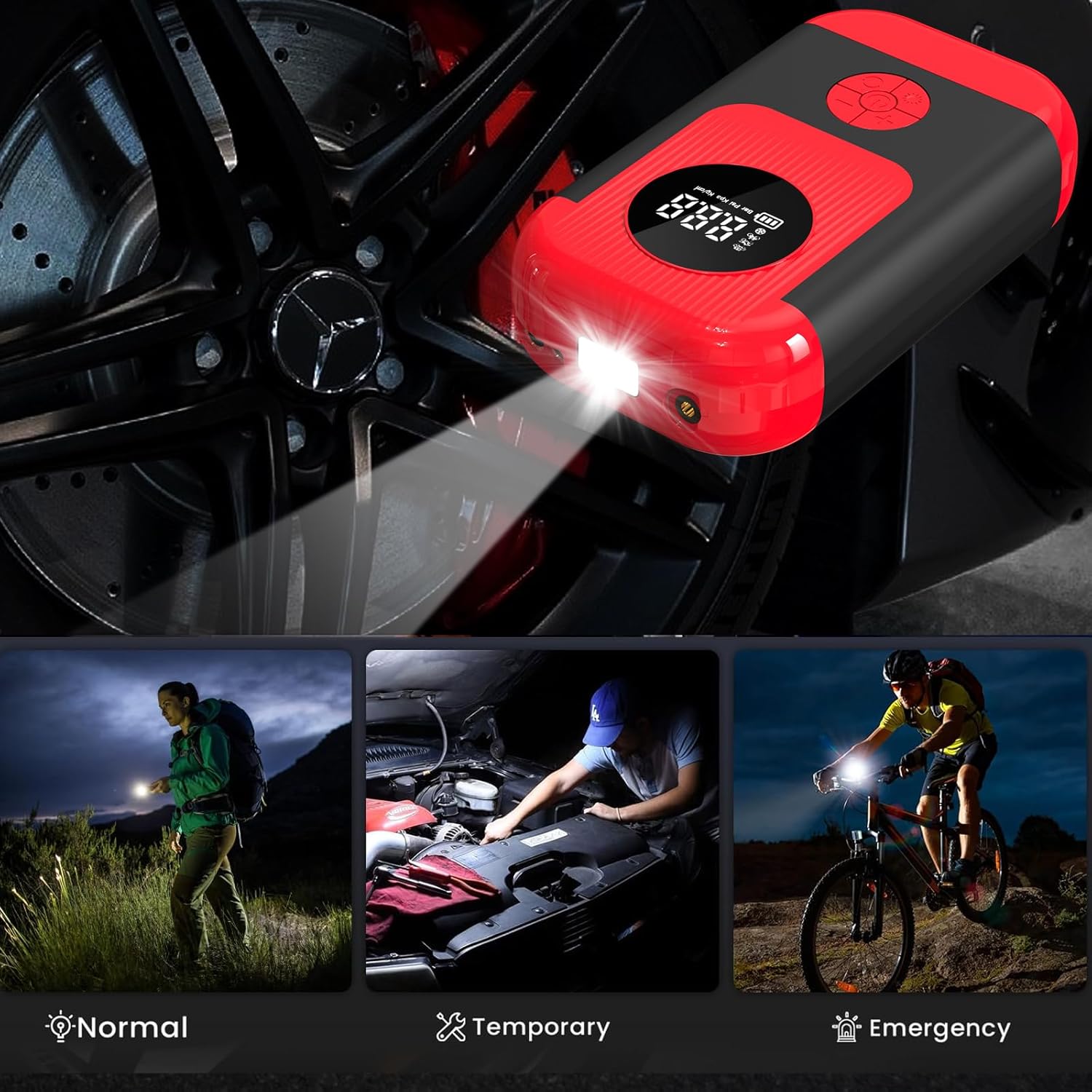 Tire Inflator Portable Air Compressor & Car Jump-Starter, Cordless Air Pump with LED Light & Pressure Gauge for Auto,Motorcycles,Bikes,Balls, Emergency Battery Booster & Phone Charger,150Psi