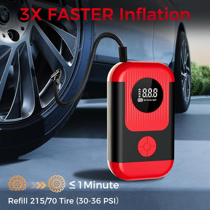 Tire Inflator Portable Air Compressor & Car Jump-Starter, Cordless Air Pump with LED Light & Pressure Gauge for Auto,Motorcycles,Bikes,Balls, Emergency Battery Booster & Phone Charger,150Psi