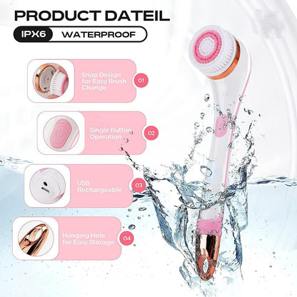 Body Brush Rechargeable, Electric Body Brush Set, Scrubber Shower Brush with Long Handle, Spin Skin Brush with 6 Brush Heads for Cleanse, Massage, Exfoliate and Pamper Your Skin in the Shower (Pink)