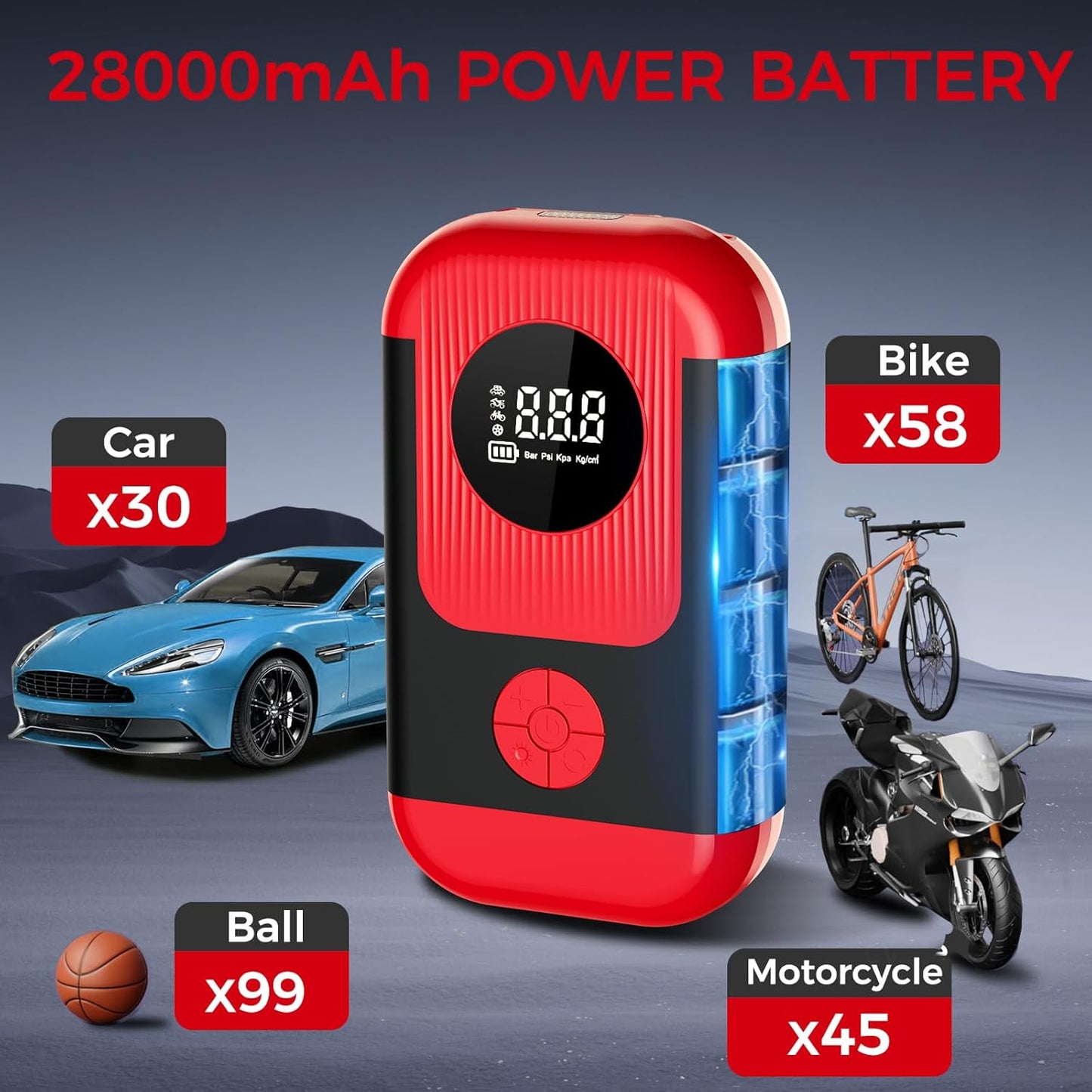 Tire Inflator Portable Air Compressor & Car Jump-Starter, Cordless Air Pump with LED Light & Pressure Gauge for Auto,Motorcycles,Bikes,Balls, Emergency Battery Booster & Phone Charger,150Psi