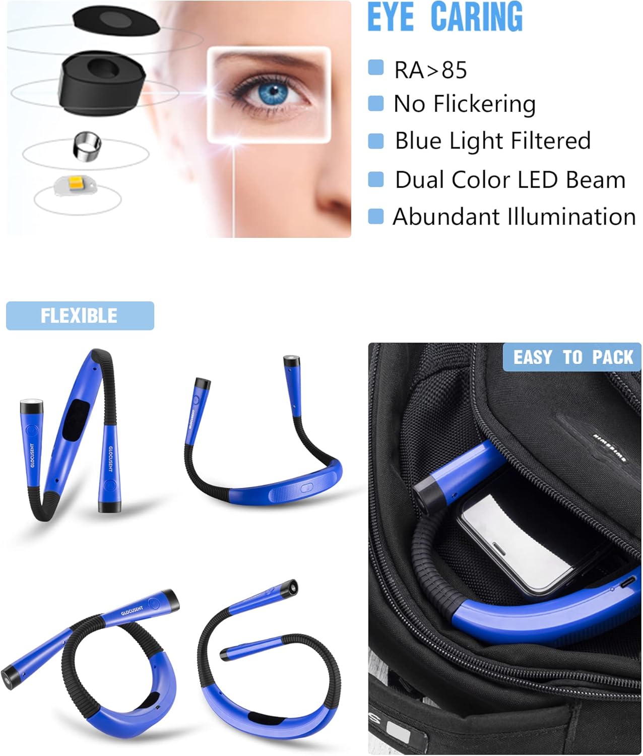 Book Light, 3-Color & 6-Brightness Reading Light, Bendable Neck Light, 80-Hr Lasting Rechargeable Lamp, Perfect Book Light for Reading in Bed, Knitting, Camping, Repairing, Book Lovers Gifts