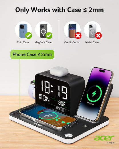 7-In-1 Wireless Charging Station: Charger Stand for Multiple Devices for Apple - Iphone 16 15 14 13 12 Pro Max Apple Watch Airpods, Wireless Charger Iphone Charging Station with Bluetooth Timesyn