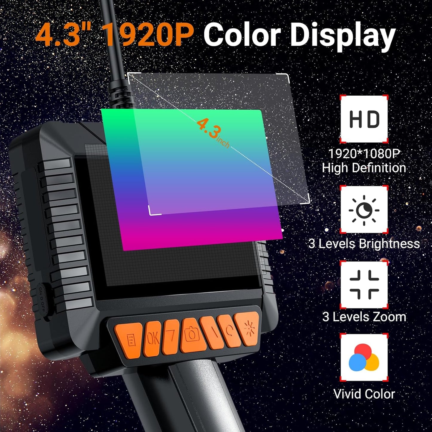 1920P HD Endoscope Camera with Light, 4.3'' Color LCD Screen Borescope, IP67 Waterproof Inspection Camera with 8 Adjustable LED Lights,16.5Ft Semi-Rigid Cable (Black)