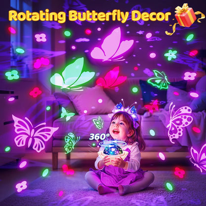 Onefire Christmas Gifts for Girls, 6 Films Light Projector Unicorn Toys for Girls Age 4-6, Rechargeable Night Lights for Bedroom, 360° Rotating Butterfly Decor Mermaid Gifts Princess Baby Toddlertoys