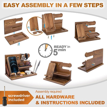 Wood Phone Docking Station for Men - Desk or Nightstand Organizer - Birthday Gifts for Husband or Dad - Anniversary Idea from Wife - Key Holder, Stand Wallet, Watch & Essentials (Earth Beige)