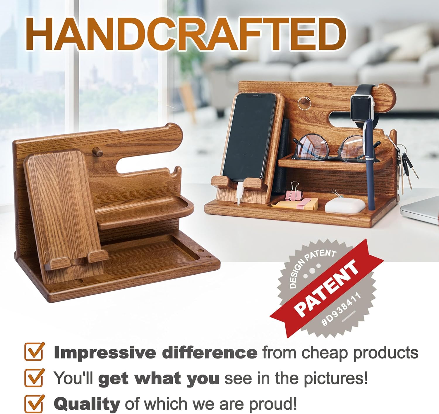 Wood Phone Docking Station for Men - Desk or Nightstand Organizer - Birthday Gifts for Husband or Dad - Anniversary Idea from Wife - Key Holder, Stand Wallet, Watch & Essentials (Earth Beige)