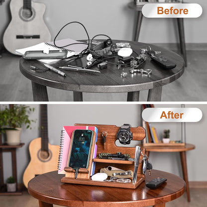 Wood Phone Docking Station for Men - Desk or Nightstand Organizer - Birthday Gifts for Husband or Dad - Anniversary Idea from Wife - Key Holder, Stand Wallet, Watch & Essentials (Earth Beige)