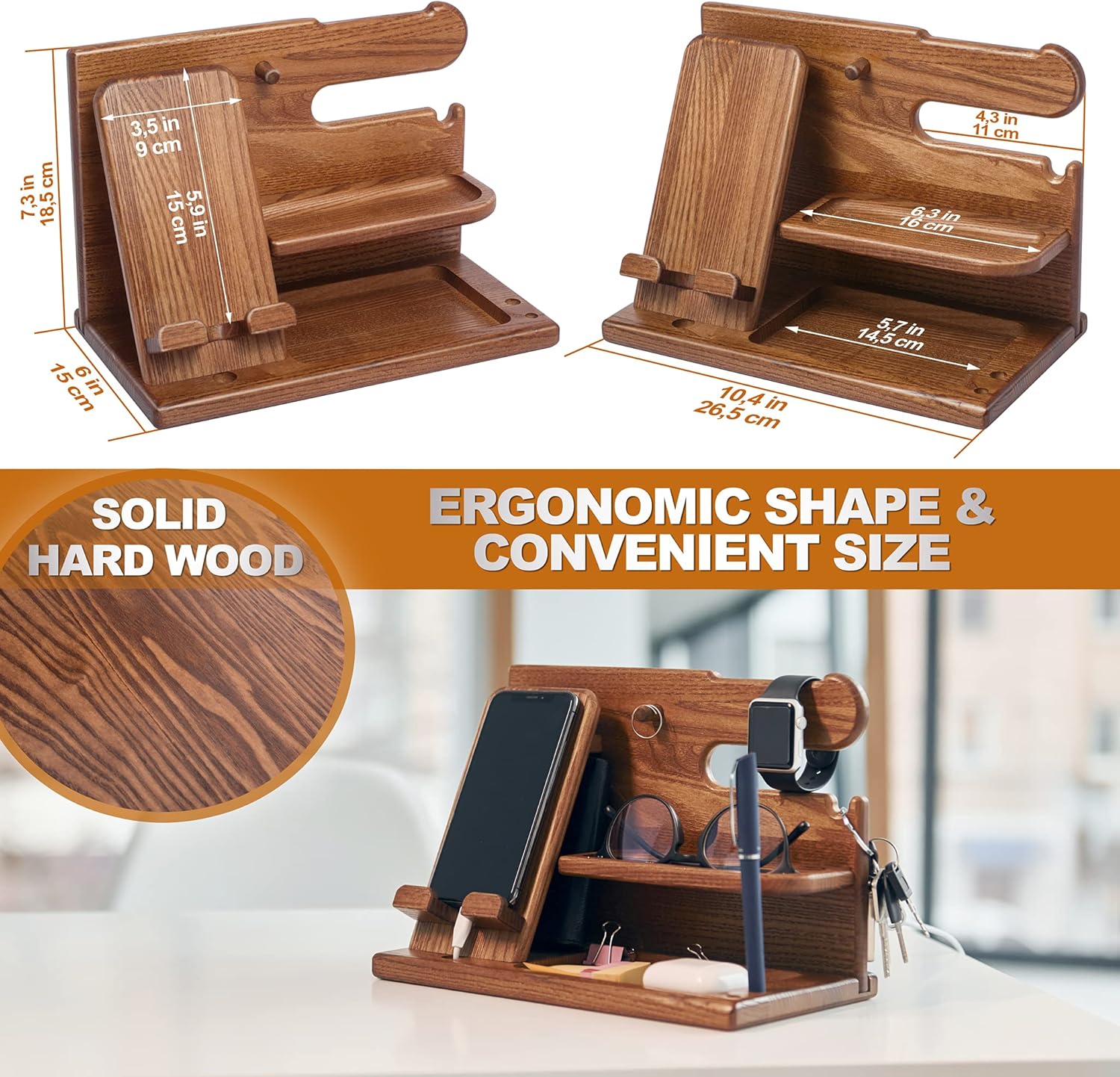 Wood Phone Docking Station for Men - Desk or Nightstand Organizer - Birthday Gifts for Husband or Dad - Anniversary Idea from Wife - Key Holder, Stand Wallet, Watch & Essentials (Earth Beige)