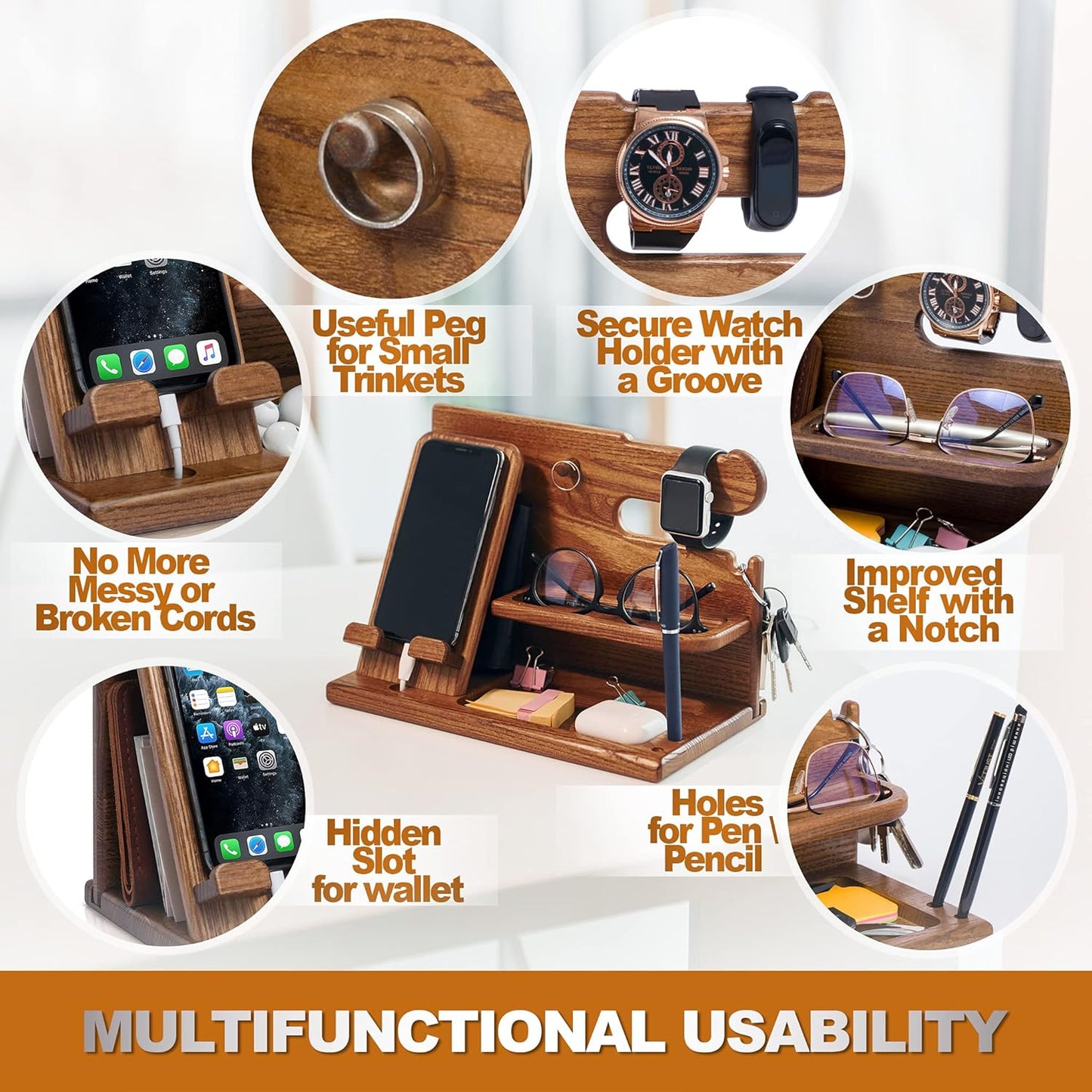 Wood Phone Docking Station for Men - Desk or Nightstand Organizer - Birthday Gifts for Husband or Dad - Anniversary Idea from Wife - Key Holder, Stand Wallet, Watch & Essentials (Earth Beige)