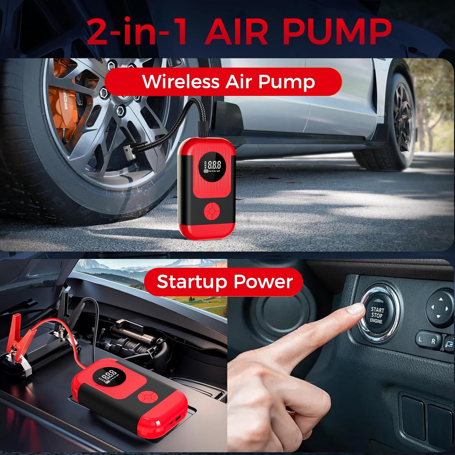 Tire Inflator Portable Air Compressor & Car Jump-Starter, Cordless Air Pump with LED Light & Pressure Gauge for Auto,Motorcycles,Bikes,Balls, Emergency Battery Booster & Phone Charger,150Psi