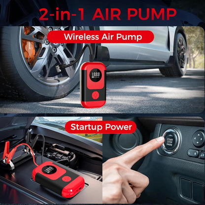 Tire Inflator Portable Air Compressor & Car Jump-Starter, Cordless Air Pump with LED Light & Pressure Gauge for Auto,Motorcycles,Bikes,Balls, Emergency Battery Booster & Phone Charger,150Psi