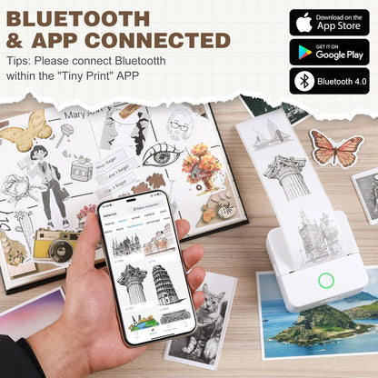 Print Pods Mini Printer, Thermal Inkless Sticker Maker with 10 Rolls Printing Paper, Pocket Printpod for Phone, Impresora Portátil for Notes, DIY, Compatible with Ios & Android (White)