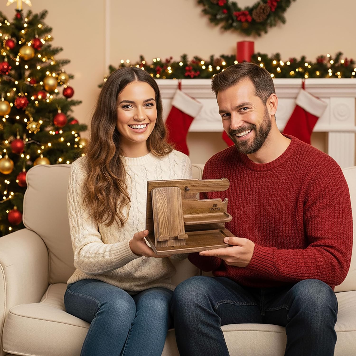 Wood Phone Docking Station for Men - Desk or Nightstand Organizer - Birthday Gifts for Husband or Dad - Anniversary Idea from Wife - Key Holder, Stand Wallet, Watch & Essentials (Earth Beige)