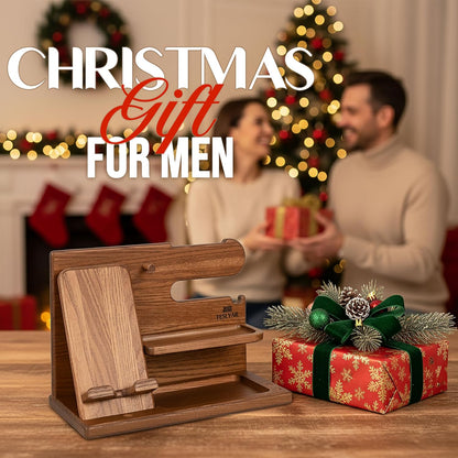 Wood Phone Docking Station for Men - Desk or Nightstand Organizer - Birthday Gifts for Husband or Dad - Anniversary Idea from Wife - Key Holder, Stand Wallet, Watch & Essentials (Earth Beige)
