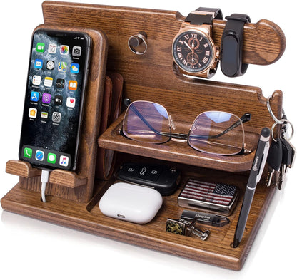 Wood Phone Docking Station for Men - Desk or Nightstand Organizer - Birthday Gifts for Husband or Dad - Anniversary Idea from Wife - Key Holder, Stand Wallet, Watch & Essentials (Earth Beige)