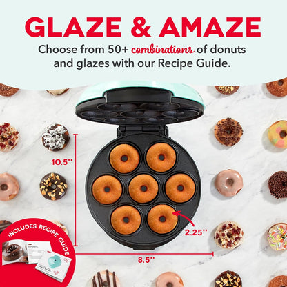 Mini Donut Maker Machine for Kid-Friendly Breakfast, Snacks, Desserts & More with Non-Stick Surface, Makes 7 Doughnuts - Aqua