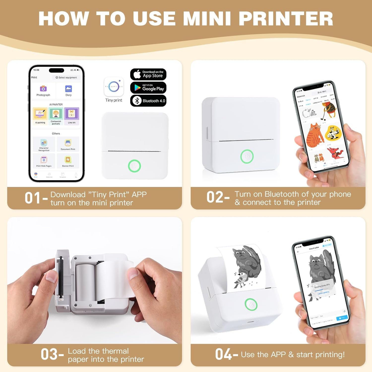 Print Pods Mini Printer, Thermal Inkless Sticker Maker with 10 Rolls Printing Paper, Pocket Printpod for Phone, Impresora Portátil for Notes, DIY, Compatible with Ios & Android (White)