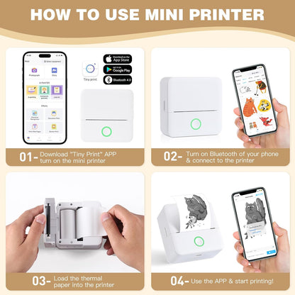 Print Pods Mini Printer, Thermal Inkless Sticker Maker with 10 Rolls Printing Paper, Pocket Printpod for Phone, Impresora Portátil for Notes, DIY, Compatible with Ios & Android (White)