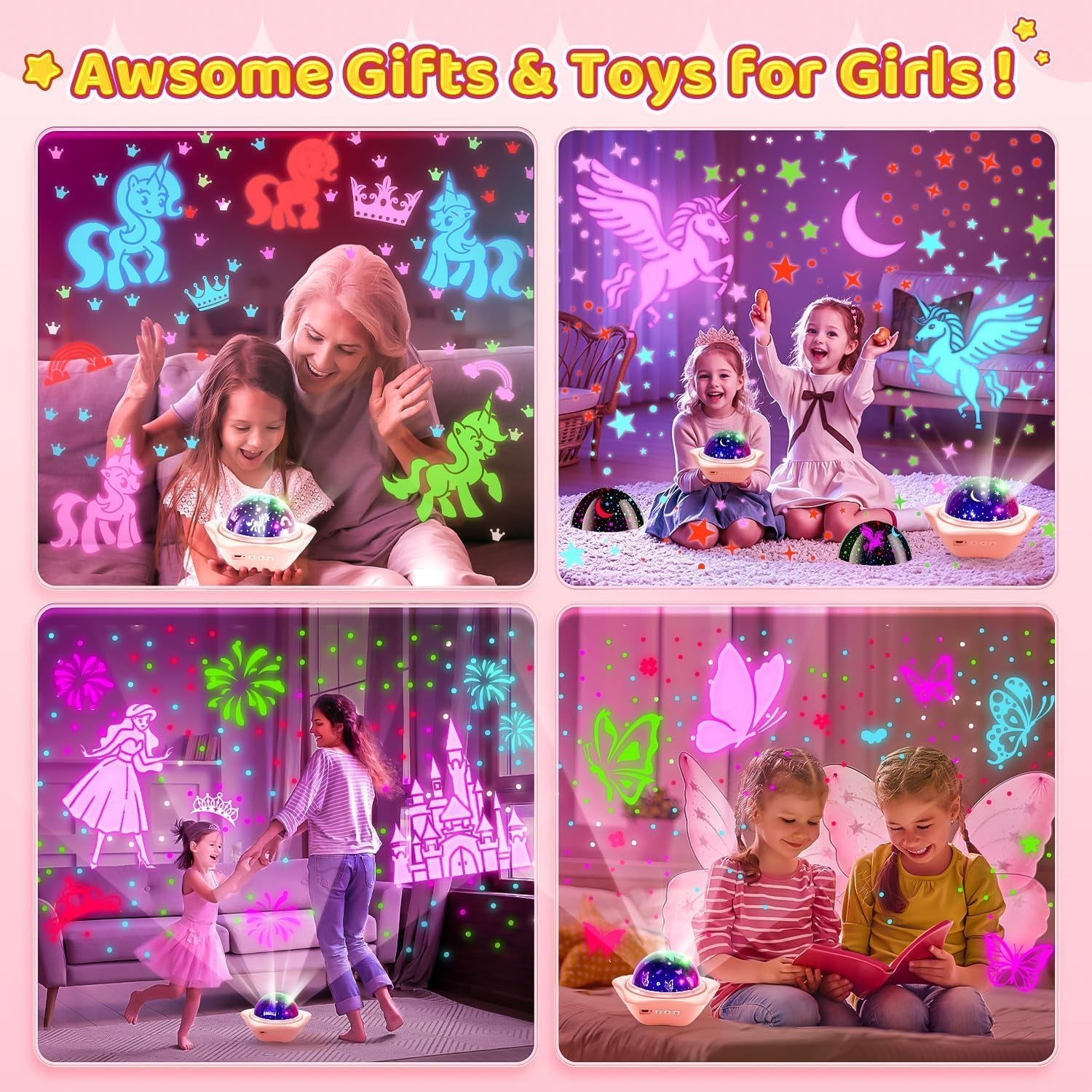 Onefire Christmas Gifts for Girls, 6 Films Light Projector Unicorn Toys for Girls Age 4-6, Rechargeable Night Lights for Bedroom, 360° Rotating Butterfly Decor Mermaid Gifts Princess Baby Toddlertoys