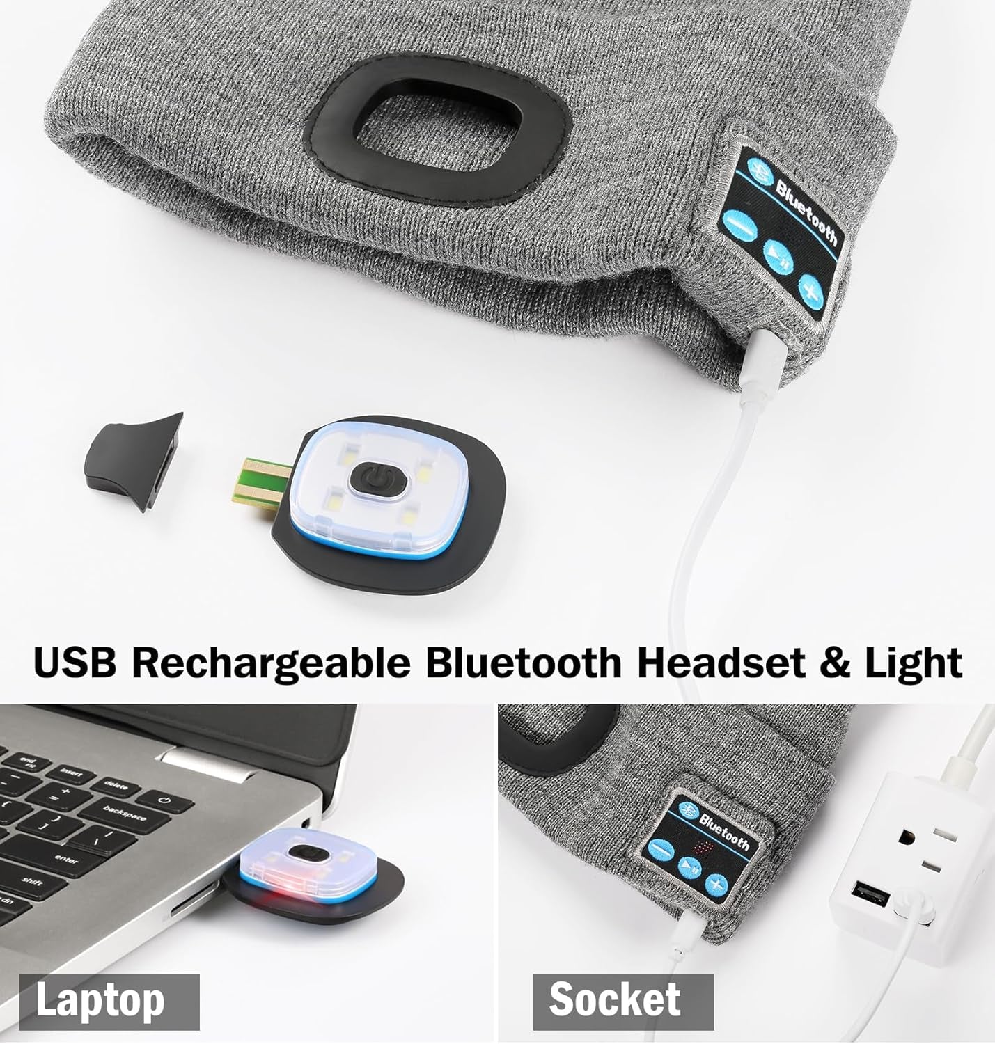 Bluetooth Beanie with the Light, Unique Tech Gifts for Men Husband Him Teen, Wireless Headphones for Fishing Jogging Working, Christmas Stocking Black
