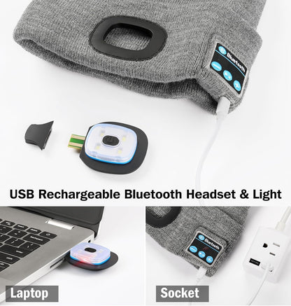 Bluetooth Beanie with the Light, Unique Tech Gifts for Men Husband Him Teen, Wireless Headphones for Fishing Jogging Working, Christmas Stocking Black
