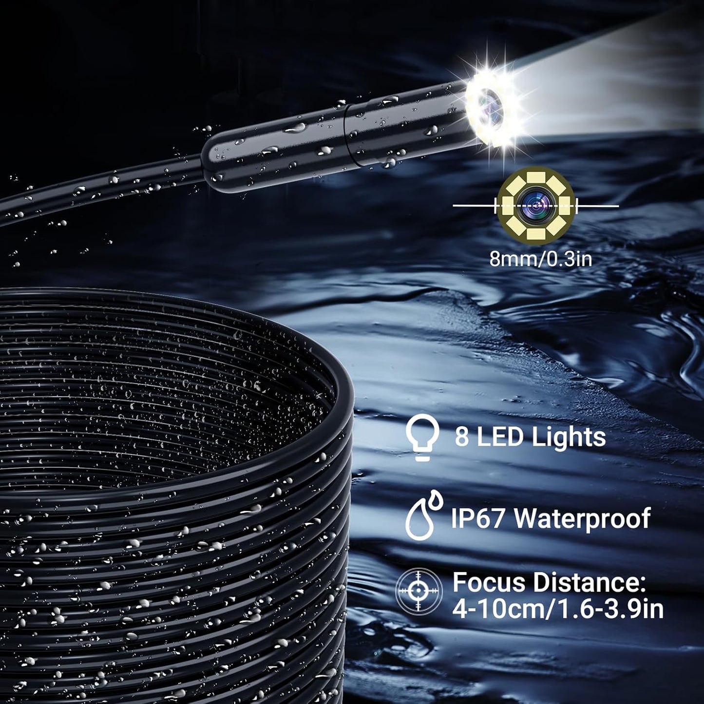 1920P HD Endoscope Camera with Light, 4.3'' Color LCD Screen Borescope, IP67 Waterproof Inspection Camera with 8 Adjustable LED Lights,16.5Ft Semi-Rigid Cable (Black)